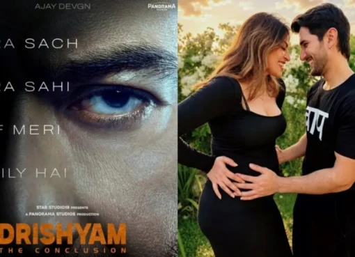 A split image showing Ajay Devgn looking intense for Drishyam 3 and a happy couple, Aditya Seal and Anushka Ranjan, celebrating new babies.