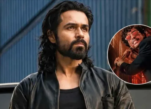 Emraan Hashmi looking intense in a scene from Awarapan 2, with a celebratory movie theater background.