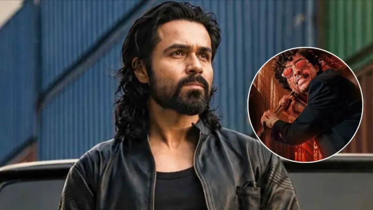 Emraan Hashmi looking intense in a scene from Awarapan 2, with a celebratory movie theater background.