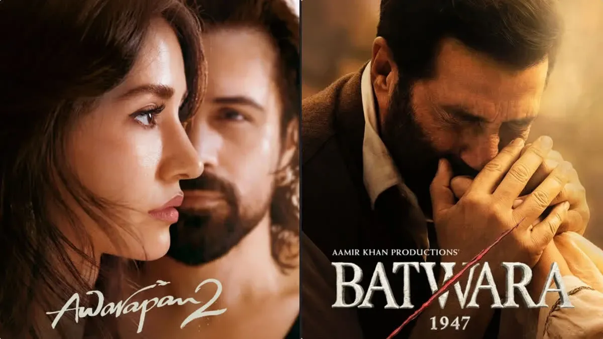 A stylized graphic representing two competing film posters, Awarapan 2 and Batwara 1947, clashing in a box office race.