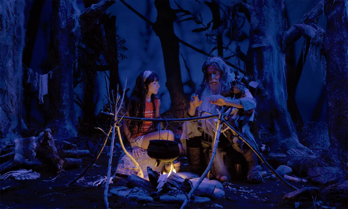 A still from a stop-motion animated film with a handmade, surreal aesthetic, likely featuring characters from 'Donkey Princess'.