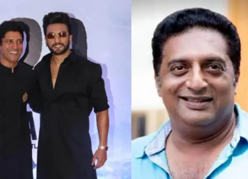 Collage of Farhan Akhtar and Prakash Raj with news headlines.