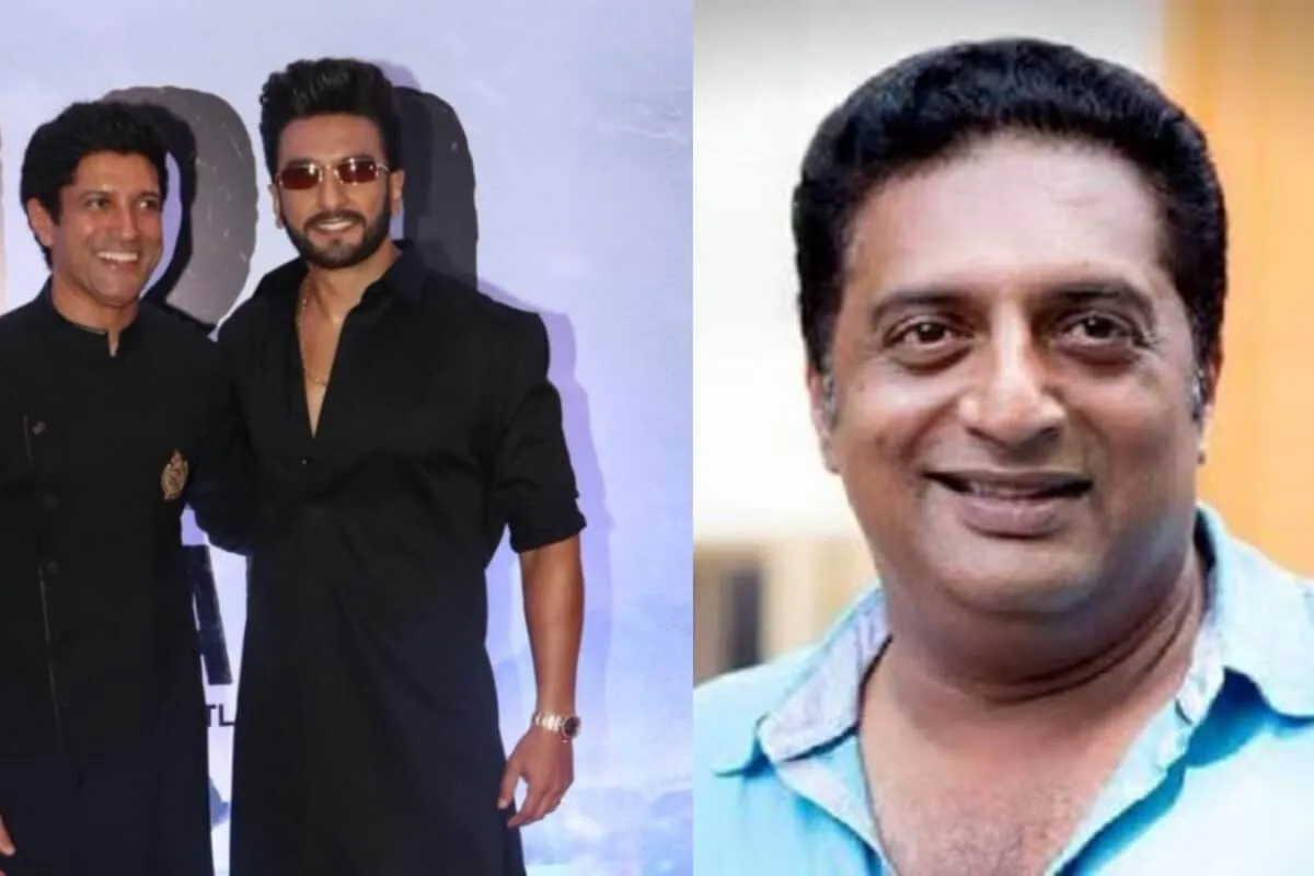 Collage of Farhan Akhtar and Prakash Raj with news headlines.
