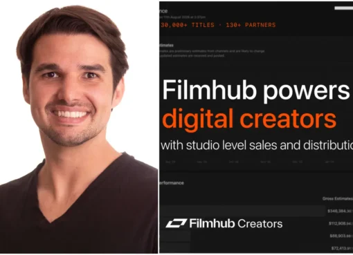 A diverse group of digital creators smiling and looking at screens, with a bright, dynamic background suggesting widespread content distribution.