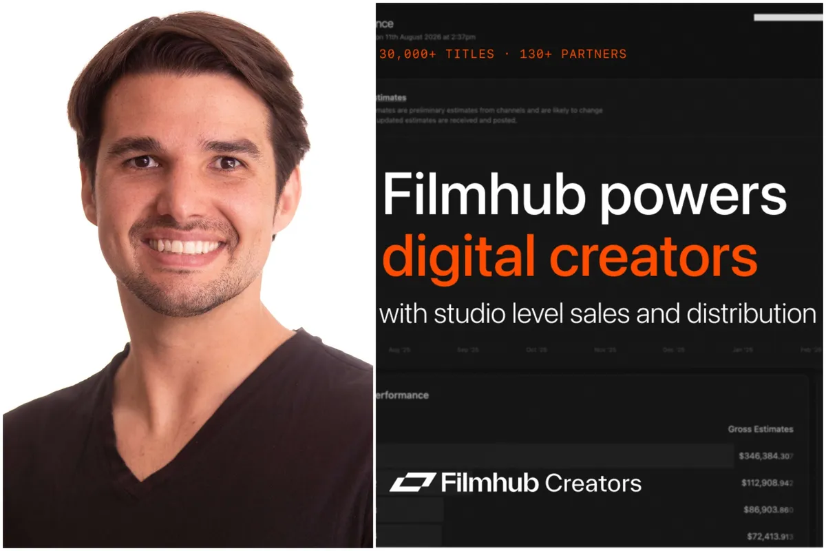A diverse group of digital creators smiling and looking at screens, with a bright, dynamic background suggesting widespread content distribution.
