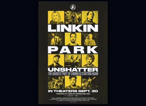 Linkin Park band on stage during a live performance, with dramatic lighting and a powerful visual aesthetic.