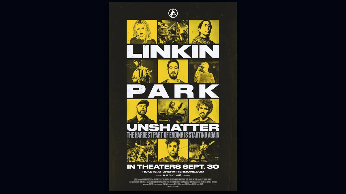 Linkin Park band on stage during a live performance, with dramatic lighting and a powerful visual aesthetic.