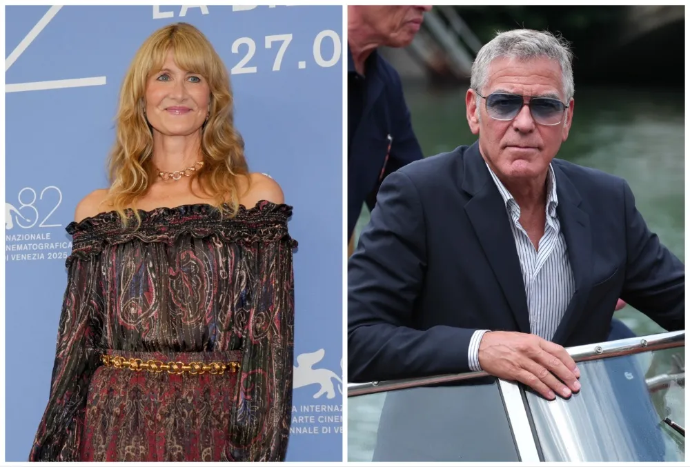 Laura Dern smiling next to George Clooney at a film festival.