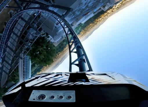Image of a roller coaster track at Universal Studios Hollywood.