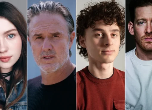 Actors Alexa Swinton, David Arquette, and Wyatt Oleff in a demolition derby movie.