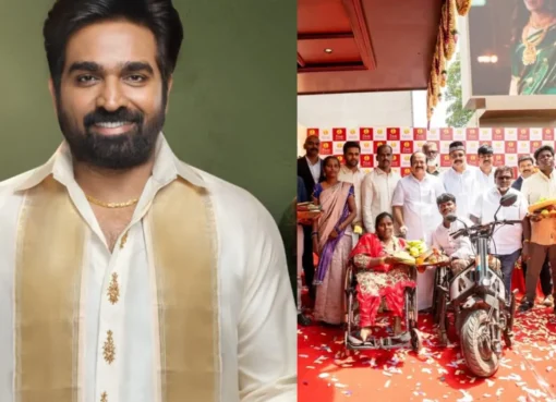 Vijay Sethupathi and Simran smiling, wearing traditional outfits and jewelry.