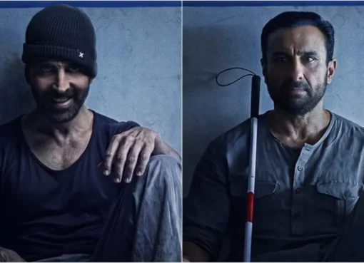 Posters showing Akshay Kumar looking menacing and Saif Ali Khan as a blind man for the film Haiwaan.