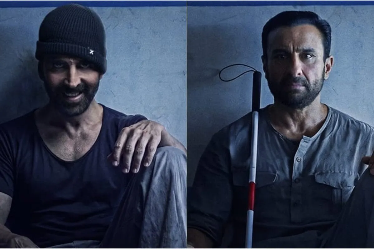 Posters showing Akshay Kumar looking menacing and Saif Ali Khan as a blind man for the film Haiwaan.