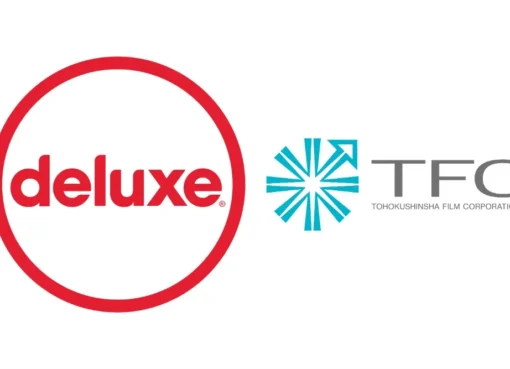 Illustration showing two company logos, Deluxe Media and Tohokushinsha Film Corporation, merging with a stylized map of the Asia-Pacific region in the background.