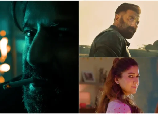Actors Sunny Deol, Nandamuri Balakrishna, and Nayanthara in movie poses.