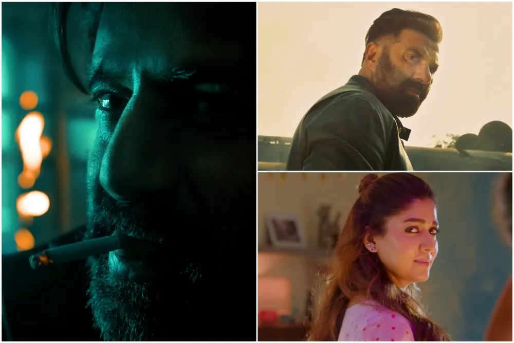 Actors Sunny Deol, Nandamuri Balakrishna, and Nayanthara in movie poses.