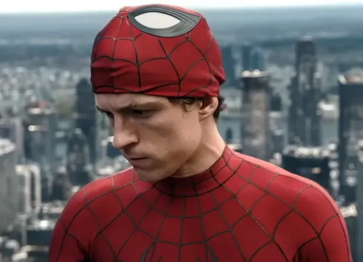 Spider-Man swinging heroically through a vibrant, stylized city at sunset.