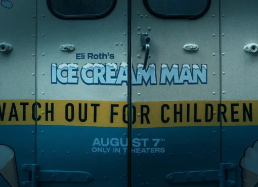 A stylized, eerie image of an ice cream truck at night with dark shadows.