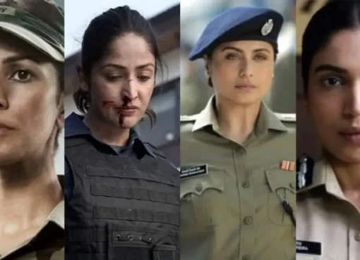 Bollywood actress in a police or army uniform, looking strong and determined with a focused gaze.