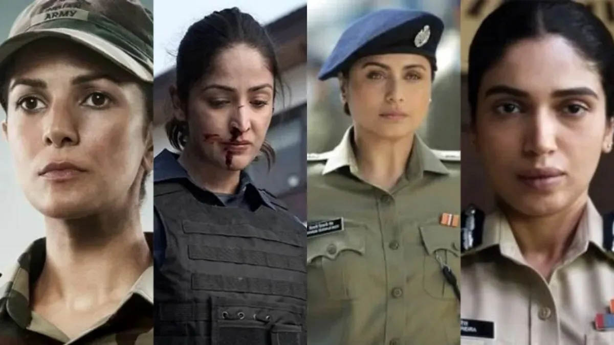 Bollywood actress in a police or army uniform, looking strong and determined with a focused gaze.