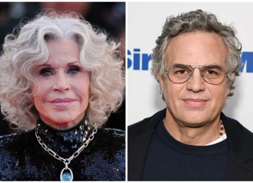 Jane Fonda looking serious as she makes a statement.