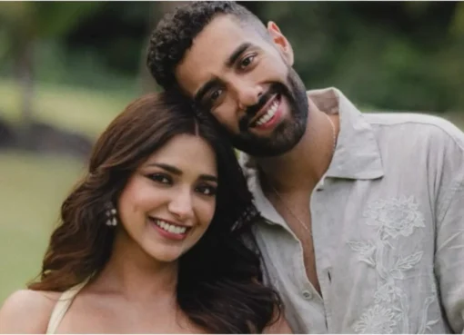 Jiyaa Shankar and Kaaran Dhanak smiling and looking happy after their engagement proposal.