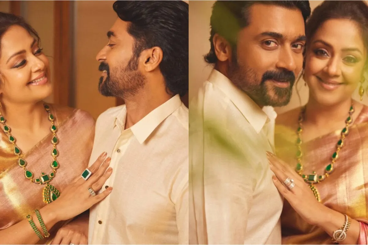Jyotika and Suriya smiling together at a movie event