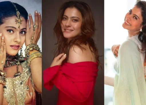 Kajol smiling radiantly in a warm, golden-toned photo