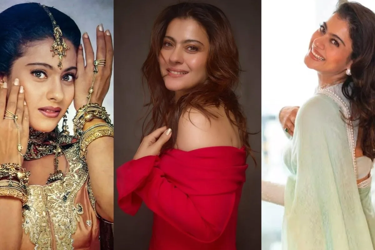 Kajol smiling radiantly in a warm, golden-toned photo
