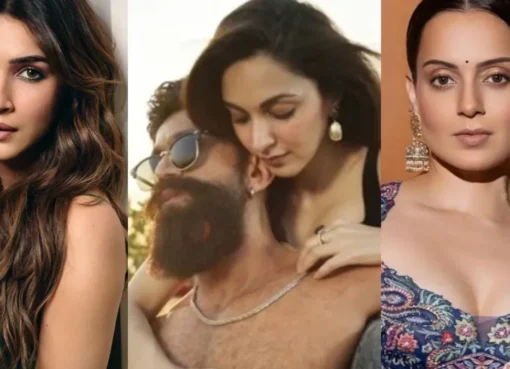 Split image showing Kangana Ranaut and Kriti Sanon, with a film reel icon representing 'Toxic'.