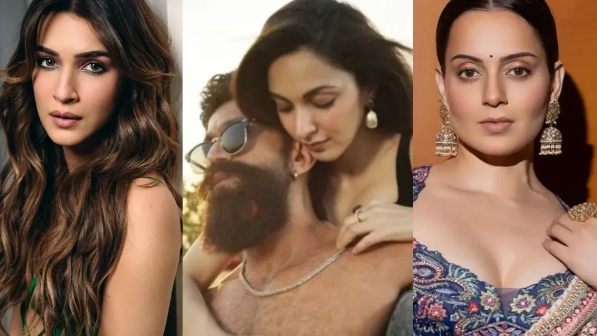 Split image showing Kangana Ranaut and Kriti Sanon, with a film reel icon representing 'Toxic'.