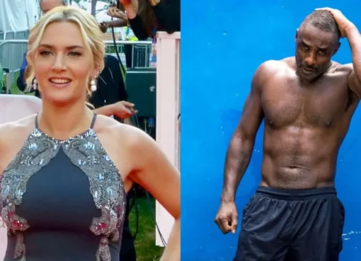 Kate Winslet and Idris Elba smiling during a movie scene.