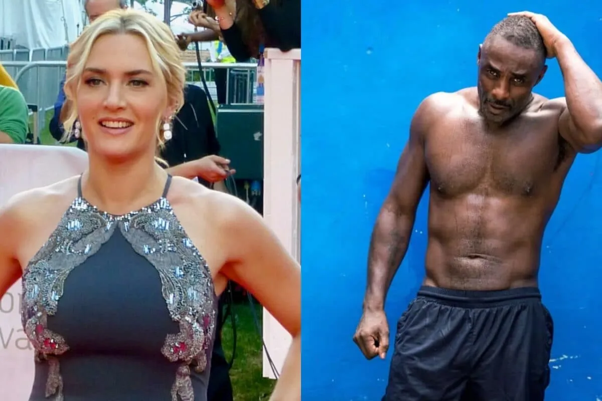 Kate Winslet and Idris Elba smiling during a movie scene.