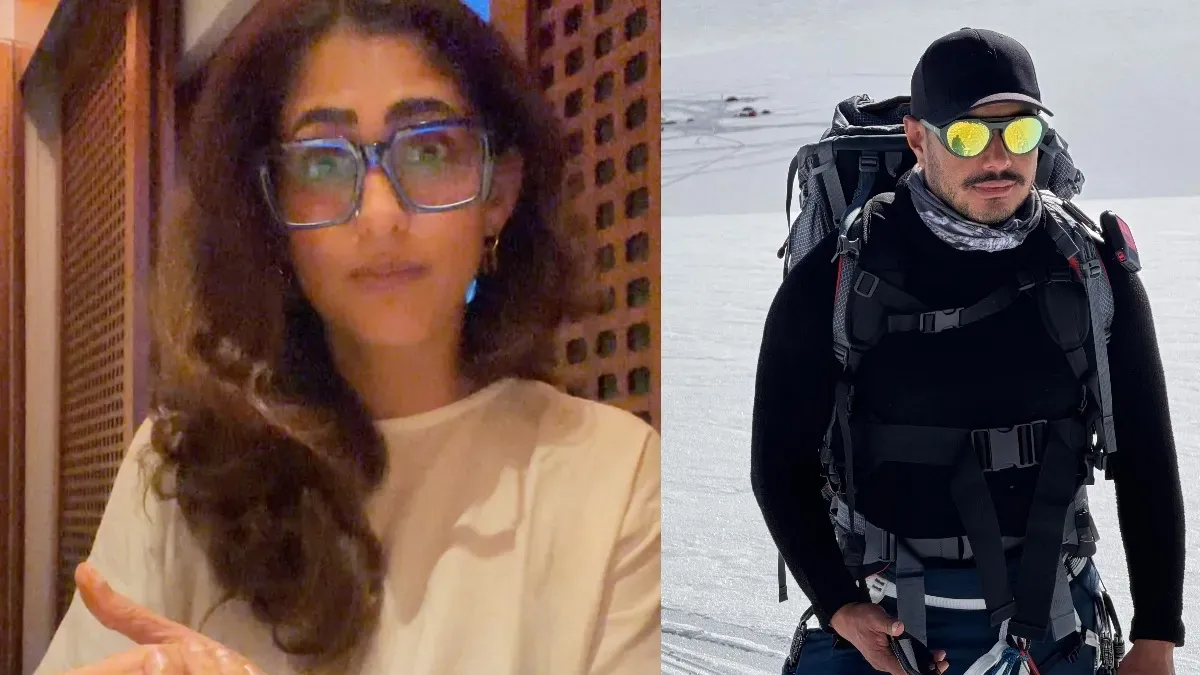 Kubbra Sait looking thoughtful, with a subtle mountain backdrop or an image of Nims Purja in a thoughtful pose.