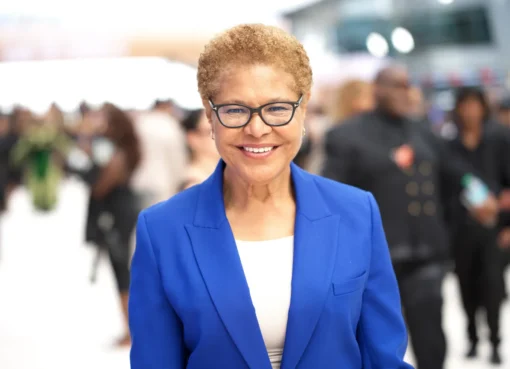 Los Angeles Mayor Karen Bass at a press conference speaking to reporters.