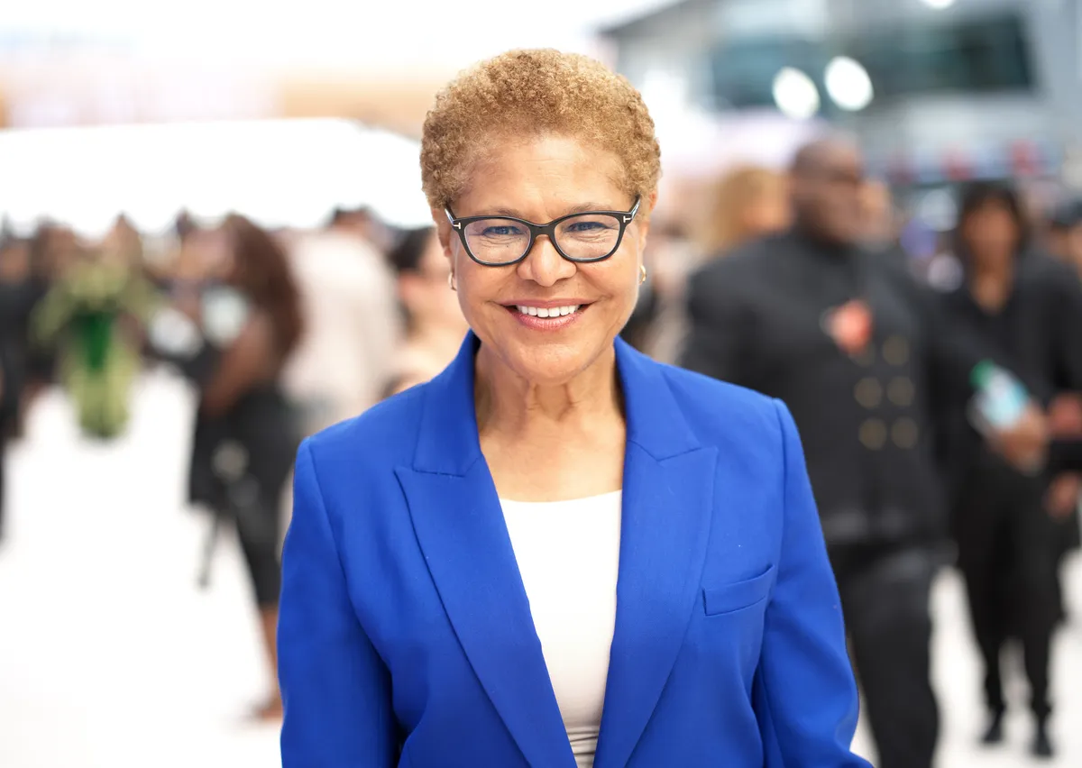 Los Angeles Mayor Karen Bass at a press conference speaking to reporters.