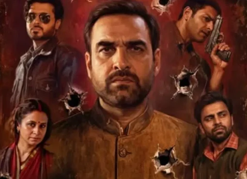 A dark, intense movie poster for Mirzapur, with key characters looking serious and ready for action.
