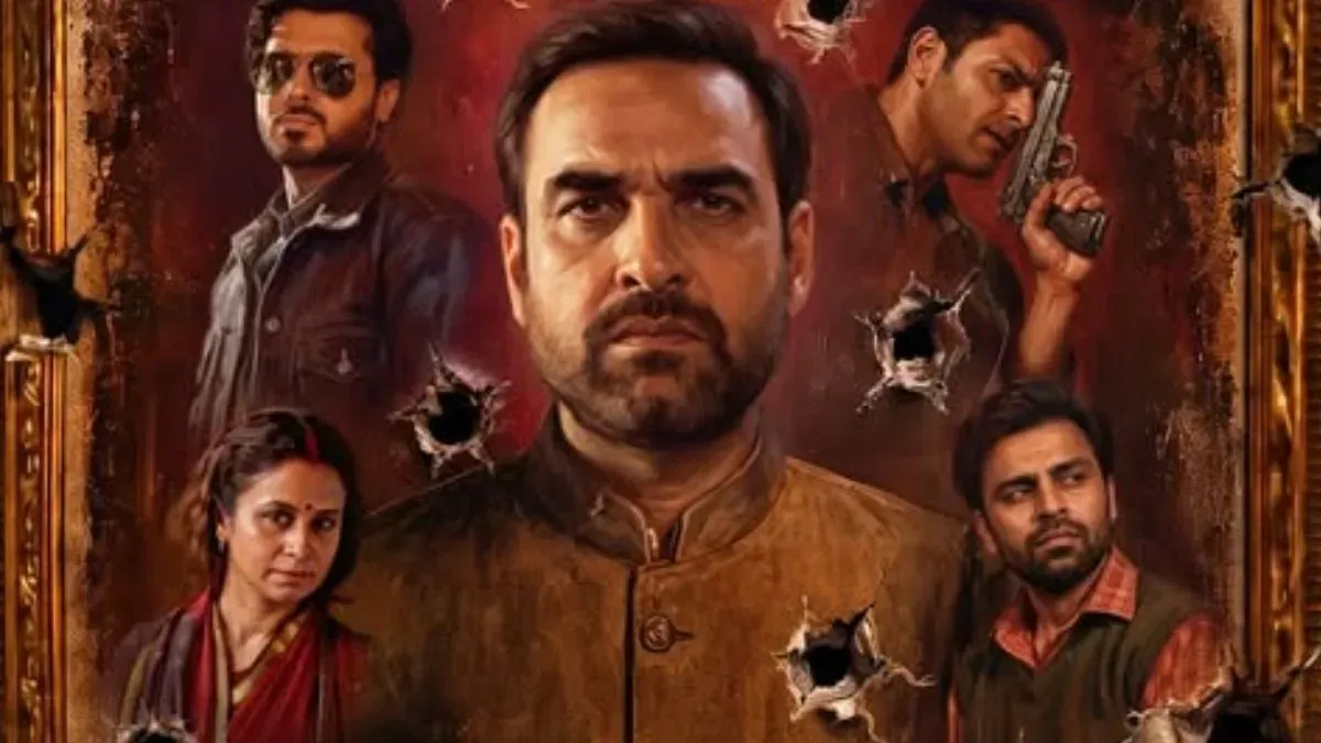 A dark, intense movie poster for Mirzapur, with key characters looking serious and ready for action.