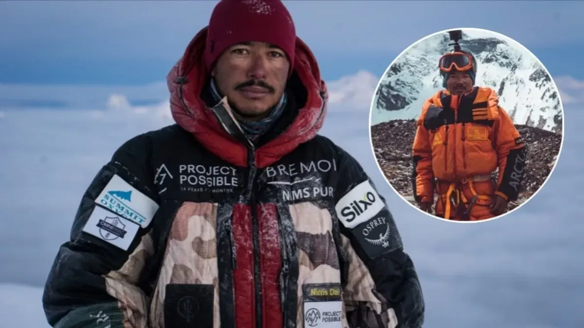 A close-up shot of Nims Purja in his mountaineering gear, with a serious but determined expression.