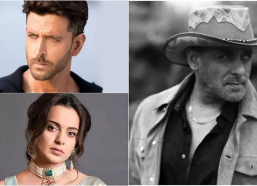 Collage of Kangana Ranaut and Hrithik Roshan looking serious, and Salman Khan smiling.