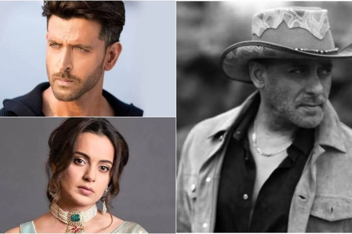 Collage of Kangana Ranaut and Hrithik Roshan looking serious, and Salman Khan smiling.