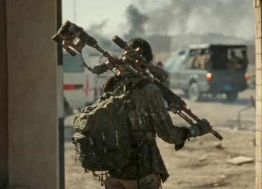 An intense scene featuring a female sniper in action, with dramatic lighting and a serious tone.