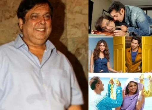 David Dhawan with actors like Salman Khan and Govinda, celebrating a colorful, fun movie set.