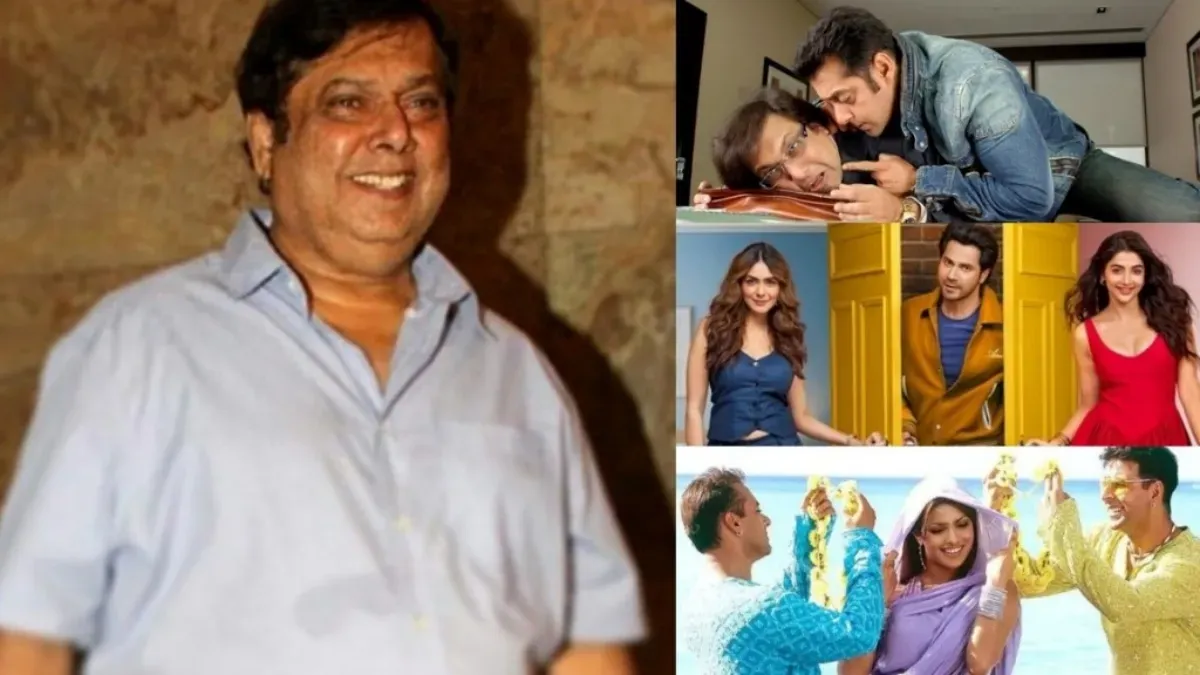 David Dhawan with actors like Salman Khan and Govinda, celebrating a colorful, fun movie set.