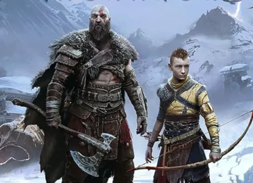 Kratos wielding his axe in a still from the God of War video game.