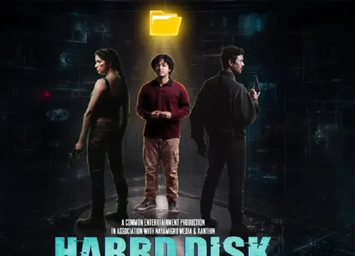 Teaser poster for HARRD DISK showing Nanda Yadav and Jaihind Kumar in action-comedy poses, hinting at suspense.