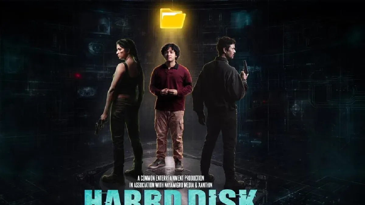 Teaser poster for HARRD DISK showing Nanda Yadav and Jaihind Kumar in action-comedy poses, hinting at suspense.