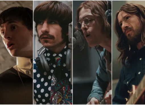 Paul Mescal, Joseph Quinn, Barry Keoghan, and Harris Dickinson recreating the Beatles' Abbey Road album cover.