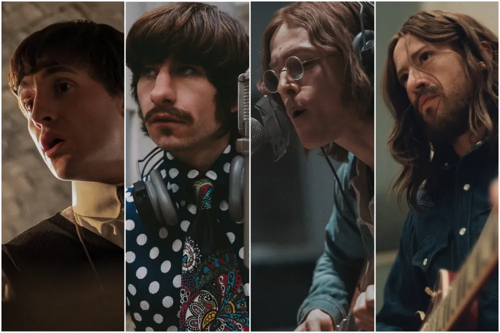 Paul Mescal, Joseph Quinn, Barry Keoghan, and Harris Dickinson recreating the Beatles' Abbey Road album cover.
