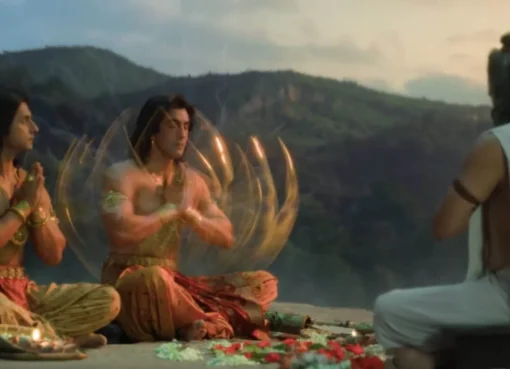 A still from the Ramayana trailer showing Lord Rama with a bow and arrow, looking powerful.